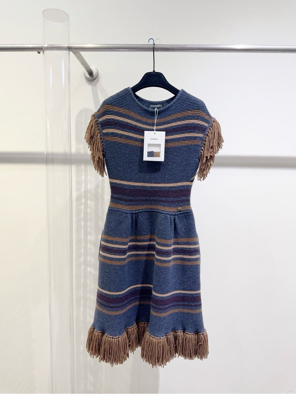 🚩steal Chanel Blue Stripe Knit Dress with Brown Fringe